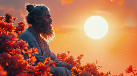 A man is seated among a field of colorful flowers as the sun shines brightly in the background.の素材