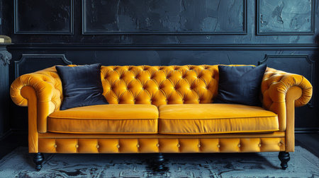 A bright yellow couch contrasts against a sleek black wall in a minimalist living space.の素材