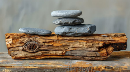 A stack of rocks balanced precariously on top of a wooden plank.の素材