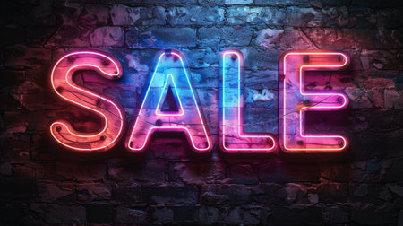 A bright neon sale sign mounted on a weathered brick wall, attracting attention with its glowing letters.の素材