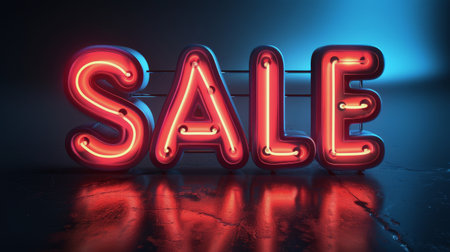 A bright neon sale sign mounted on a weathered brick wall, attracting attention with its glowing letters.の素材