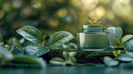 A bottle filled with green liquid resting on a wooden table.の素材
