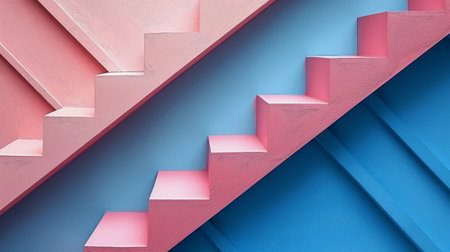 Detailed view of a staircase painted in alternating pink and blue colors, showing the intricate design and vibrant hues.の素材