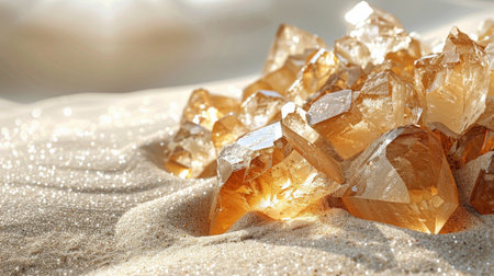 Multiple crystals of various shapes and colors arranged neatly on a flat table surface.の素材