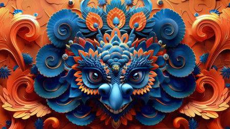 Blue and orange mask placed against a vibrant orange backdrop.の素材