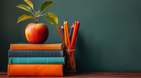 An apple is placed on the highest book of a stack.の素材