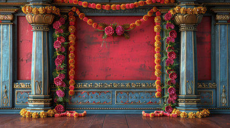 A stage adorned with colorful flowers and flickering candles, creating an elegant and inviting atmosphere for a special event.の素材