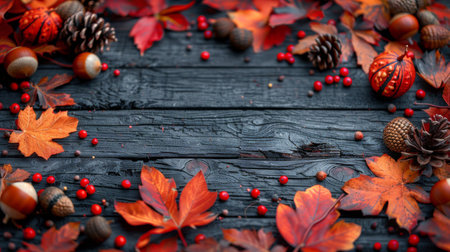 A wooden table is filled with colorful autumn leaves, creating a vibrant and seasonal decoration.の素材