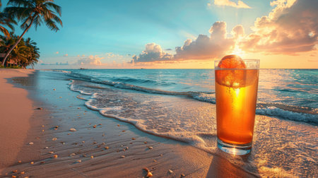 A glass of beer resting on the sandy beach, with waves gently crashing in the background.の素材