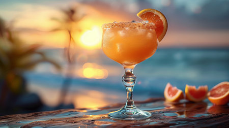 A refreshing drink with a slice of orange on a wooden table.の素材