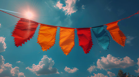 A blue, yellow, and red bunting flutters in the sunny breeze against a clear sky.の素材