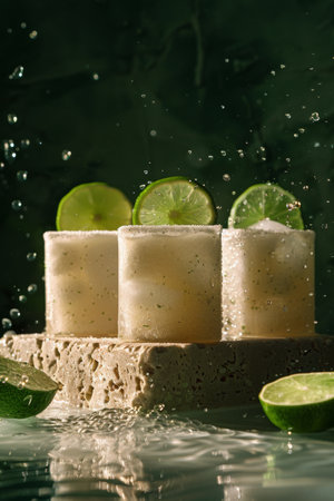 Fresh limes neatly arranged on a wooden table.の素材