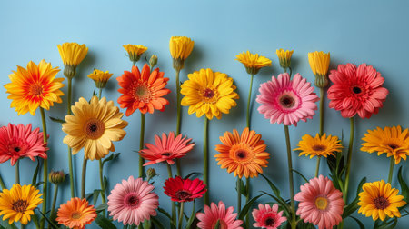 A group of colorful flowers growing next to a wooden fence, adding a pop of color to the landscape.の素材