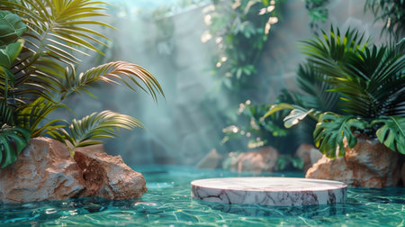 A pool featuring a waterfall cascading through the center, creating a serene and dynamic water feature.の素材