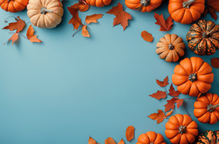 Several pumpkins of various sizes and colors surrounded by autumn leaves on a bright blue background.の素材