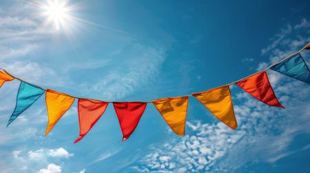 A blue, yellow, and red bunting flutters in the sunny breeze against a clear sky.の素材