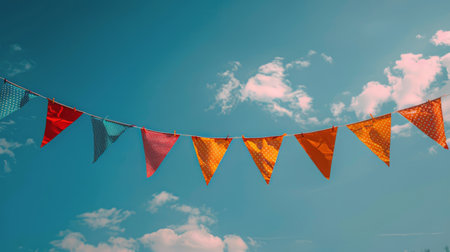 A blue, yellow, and red bunting flutters in the sunny breeze against a clear sky.の素材