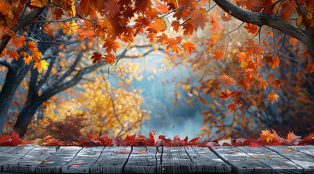 An empty wooden table positioned in front of a vibrant and colorful forest setting, showing the contrast between the man-made and natural elements.の素材