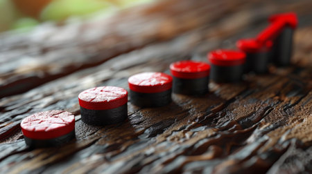Detailed view of a wooden table featuring red knobs on drawers, highlighting the texture and color contrast.の素材