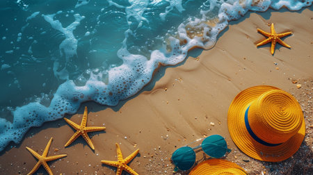 Scene of beach sand with starfish and hats scattered around.の素材