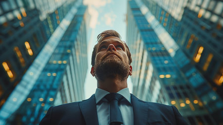 A man in formal business attire gazes up at the sky with a contemplative expression.の素材