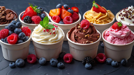 Four cups filled with ice cream topped with fresh berries and crunchy granola.の素材