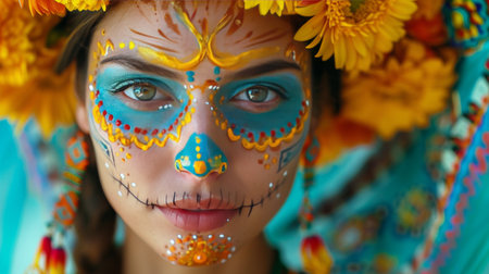 A woman with a painted face is adorned with flowers in her hair.の素材