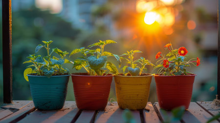 Three green potted plants are positioned neatly on a window sill, soaking in the sunlight.の素材