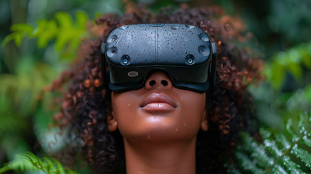 A close-up view of a person fully immersed in virtual reality while wearing a headset, engrossed in the digital world.の素材