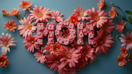 A heart-shaped arrangement of vibrant flowers with the word wow written in the center.の素材