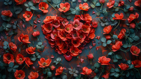 A heart-shaped arrangement of vibrant red flowers and green leaves, creating a striking display of natures beauty.の素材