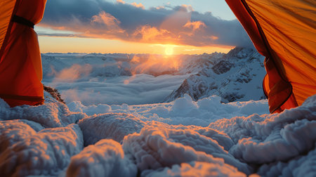 Two tents are positioned on top of a snowy surface, creating a stark contrast between the dark tents and the white snow.の素材