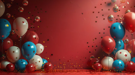 Red, white and blue background filled with balloons and confetti celebrating a festive event or holiday.の素材