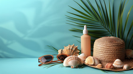 A blue background with a hat, sunglasses, and sunscreen placed on it.の素材