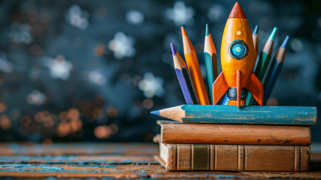 A rocket sits on top of a book in a hand-drawn illustration.の素材