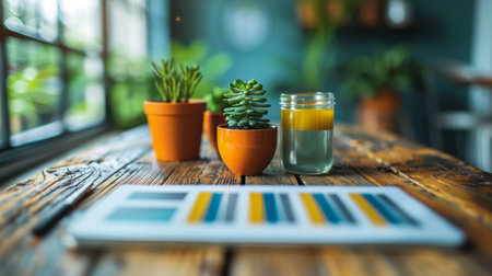 A wooden table adorned with various plants and a jar of liquid placed on top.の素材
