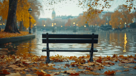 A park bench placed in front of a serene lake, offering a peaceful spot to relax and enjoy the view.の素材