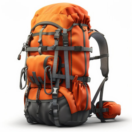 A multicolored backpack with various compartments and pockets, showing its functionality and storage capabilities.の素材