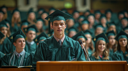 A man in a graduation cap and gown stands at a podium, delivering a speech in front of a crowd.の素材