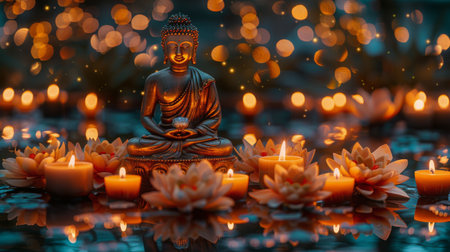A Buddha statue sits in the center of a field of colorful flowers, surrounded by natures beauty.の素材