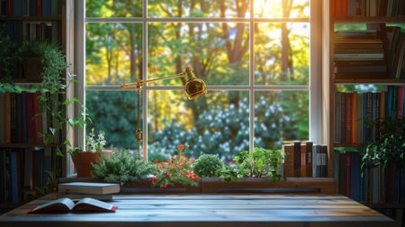 A room packed with numerous books and various plants creating a cozy and intellectual atmosphere.の素材