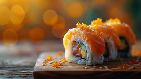 A plate filled with a variety of sushi rolls arranged neatly on a vibrant green table.の素材