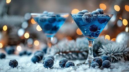 Two glasses filled with blue liquid placed beside pine cones.の素材