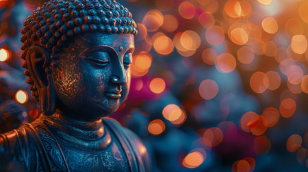 A buddha statue sitting in front of a row of lanterns, casting a peaceful glow on the surroundings.の素材