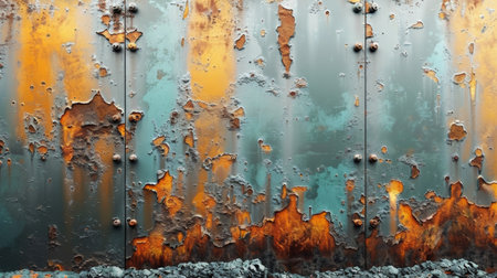 A weathered metal wall covered in rust with splashes of orange paint peeling off.の素材