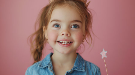 A young girl with a cheerful expression is holding a toothbrush in her hand.の素材