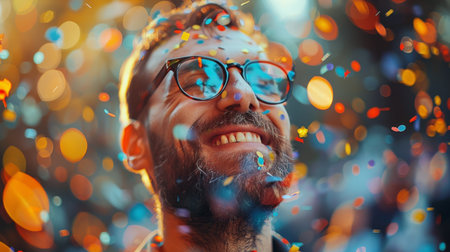 A man with glasses and a beard is smiling.の素材