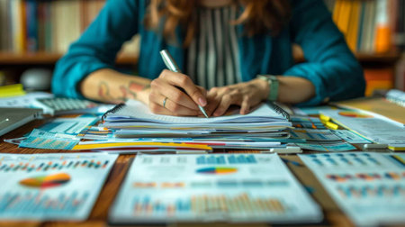 A woman is seated at a table, surrounded by papers and a pen, engaged in writing or working on documents.の素材
