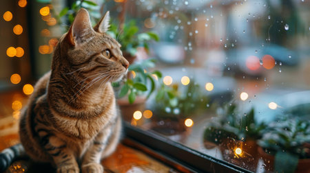 A cat is seated on a window sill, gazing outside through the window.の素材