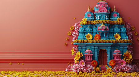A small temple painted in shades of blue and pink sits amidst a scattering of flowers on the ground.の素材